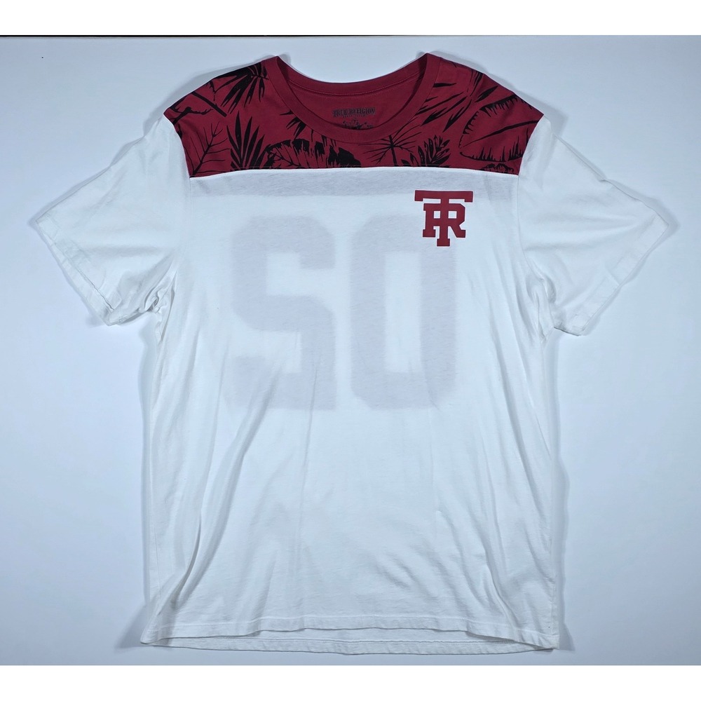 True Religion Men's Football Crew Tee White Burgundy‎ Floral Graphic XXL